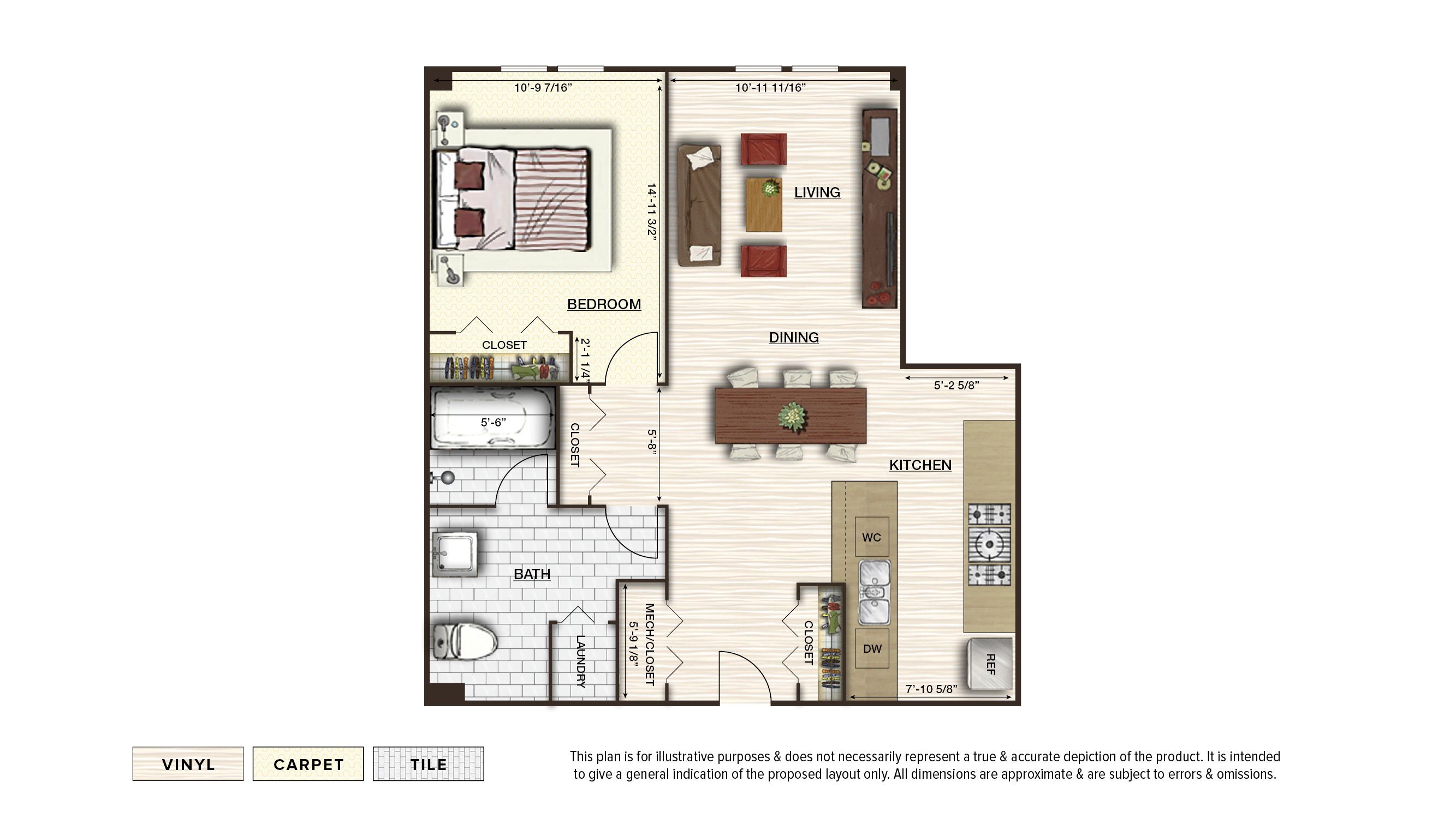 The Apex 3 apartment floor plan with 1 bedroom and 1 bath